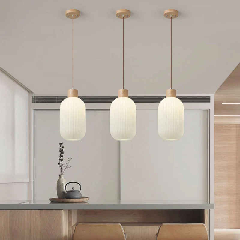 Pendant Hanging Light Japanese Elegant for Dining Room, Wood & Glass