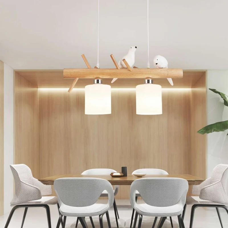 Pendant Hanging Light Cute Bird for Dining Room, Wood and Glass