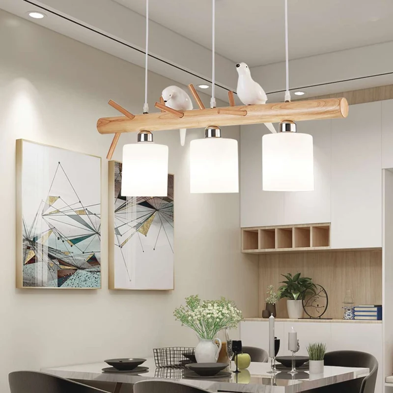 Pendant Hanging Light Cute Bird for Dining Room, Wood and Glass