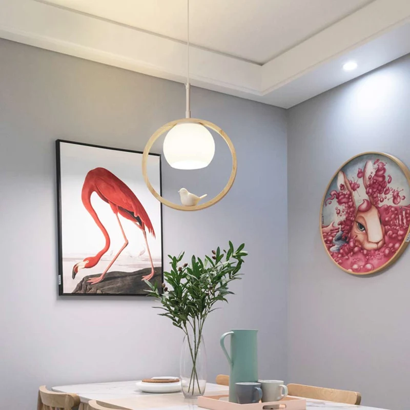 Ceiling Light Wood Pendant Light Creative Ring Bird