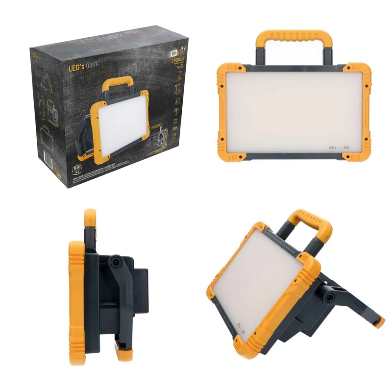 Wiederaufladbare Premium-LED-Bauleuchte 30 W – Kann sowohl mit Netzstrom als auch mit Batterie betrieben werden – In 3 Positionen dimmbar – 3000 Lumen – IP54