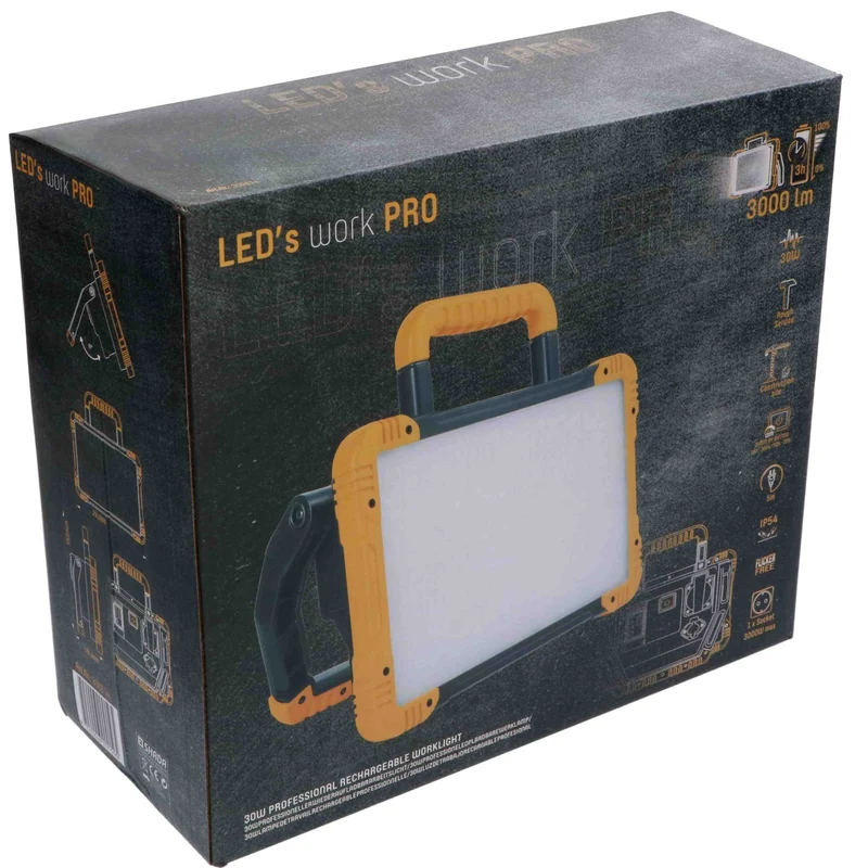 Wiederaufladbare Premium-LED-Bauleuchte 30 W – Kann sowohl mit Netzstrom als auch mit Batterie betrieben werden – In 3 Positionen dimmbar – 3000 Lumen – IP54
