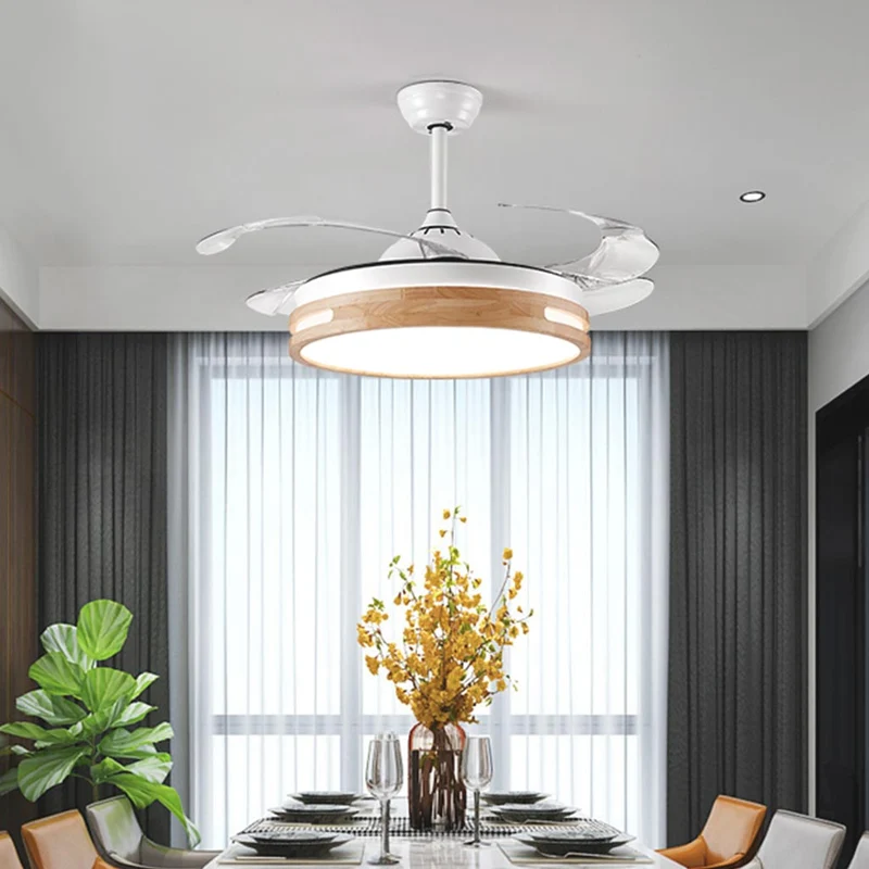 Ceiling Fan Chandelier Light Modern Semi Flush Mount, Natural Wood