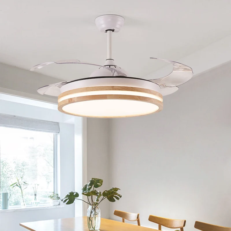 Ceiling Fan Chandelier Light Modern Semi Flush Mount, Natural Wood