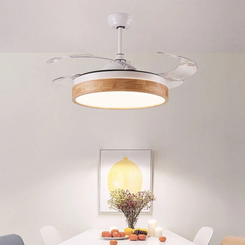 Ceiling Fan Chandelier Light Modern Semi Flush Mount, Natural Wood