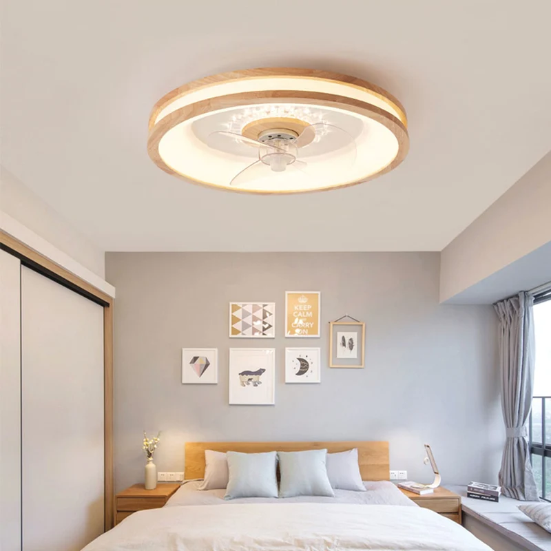 Ceiling Fan Light Fandelier Nordic 3 Blade Flush Mount for Bedroom, Wood & Acrylic