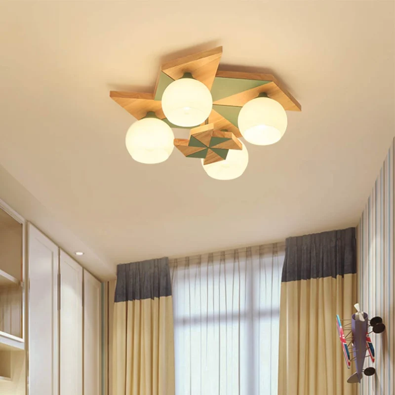 Flush Mount Ceiling Light Creative Windmill, Wood Glass