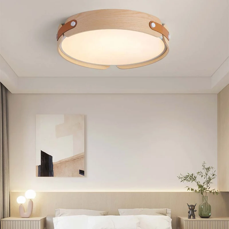 Ceiling Light Flush Mount Stylish Circular, Wood & Leather