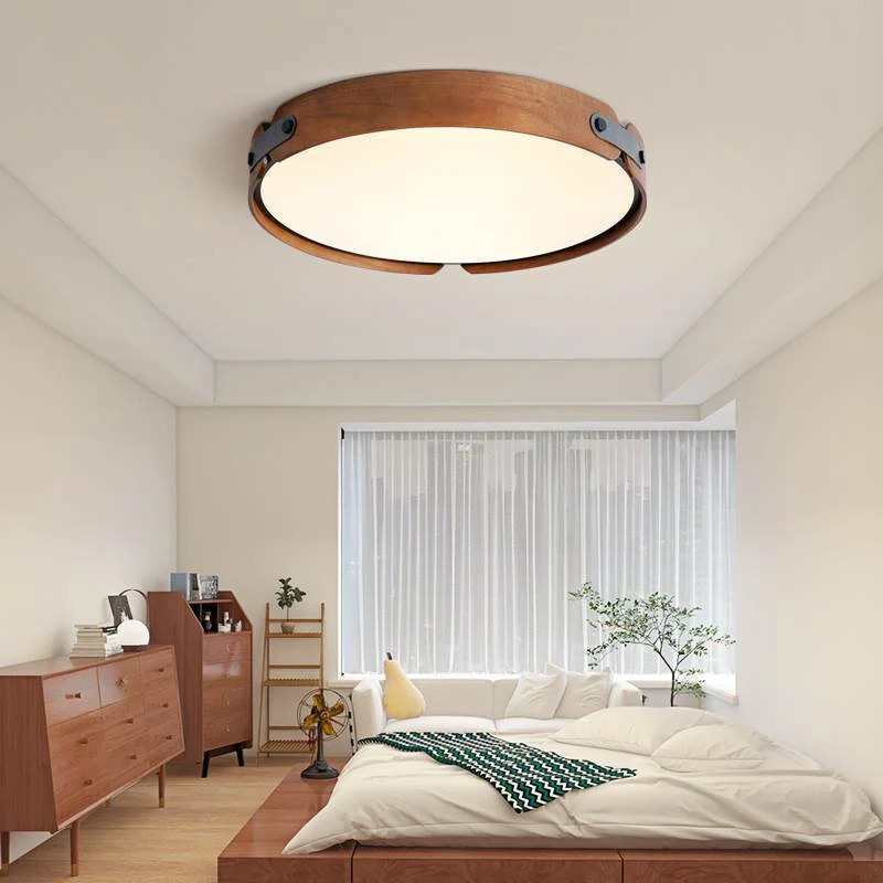 Ceiling Light Flush Mount Stylish Circular, Wood & Leather