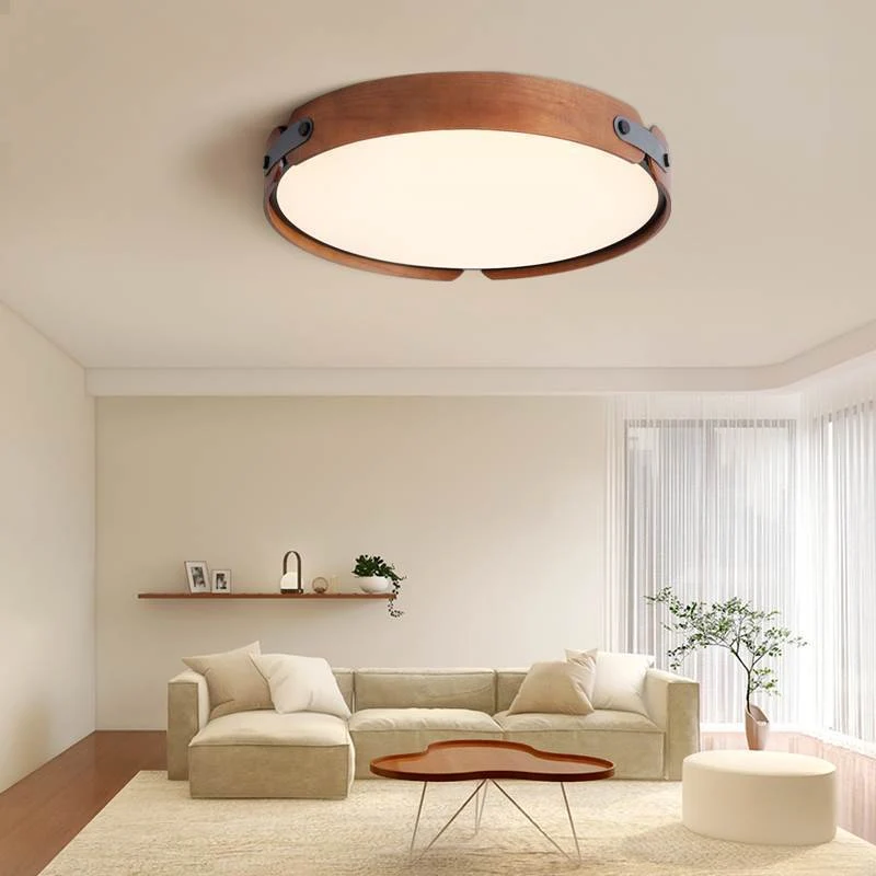 Ceiling Light Flush Mount Stylish Circular, Wood & Leather