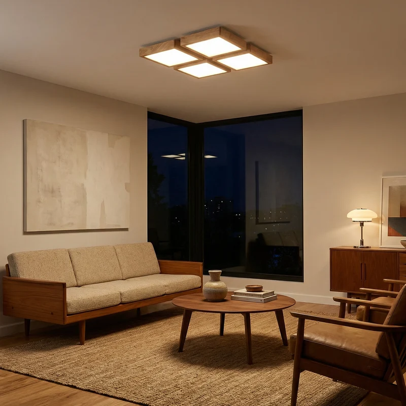 Rechteckige LED-Deckenleuchte aus Naturholz für entspannende Innenräume – Zéphira