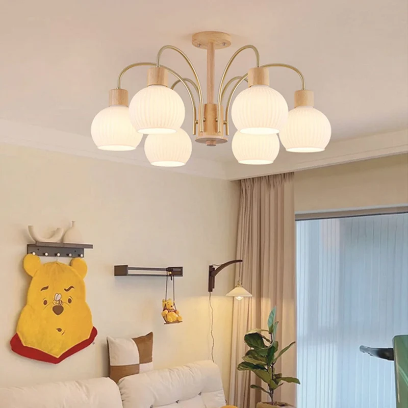 Ceiling Light Chandelier Chic Cream, Wood and Glass