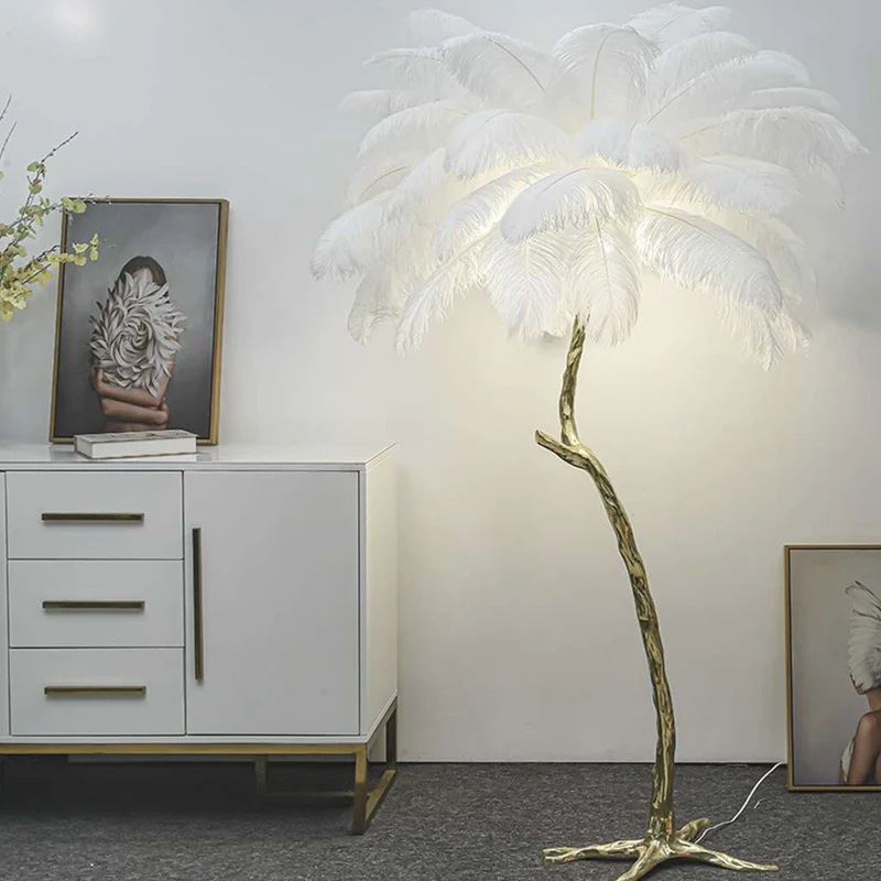 Ostrich Feather Copper Brass Tree Floor Lamp Luxury 70", 4 Colors