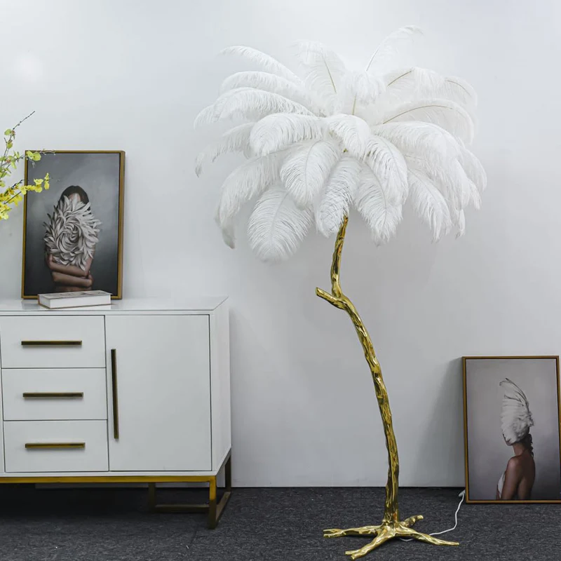 Ostrich Feather Copper Brass Tree Floor Lamp Luxury 70", 4 Colors