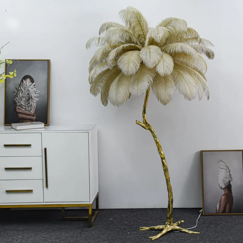 Ostrich Feather Copper Brass Tree Floor Lamp Luxury 70", 4 Colors