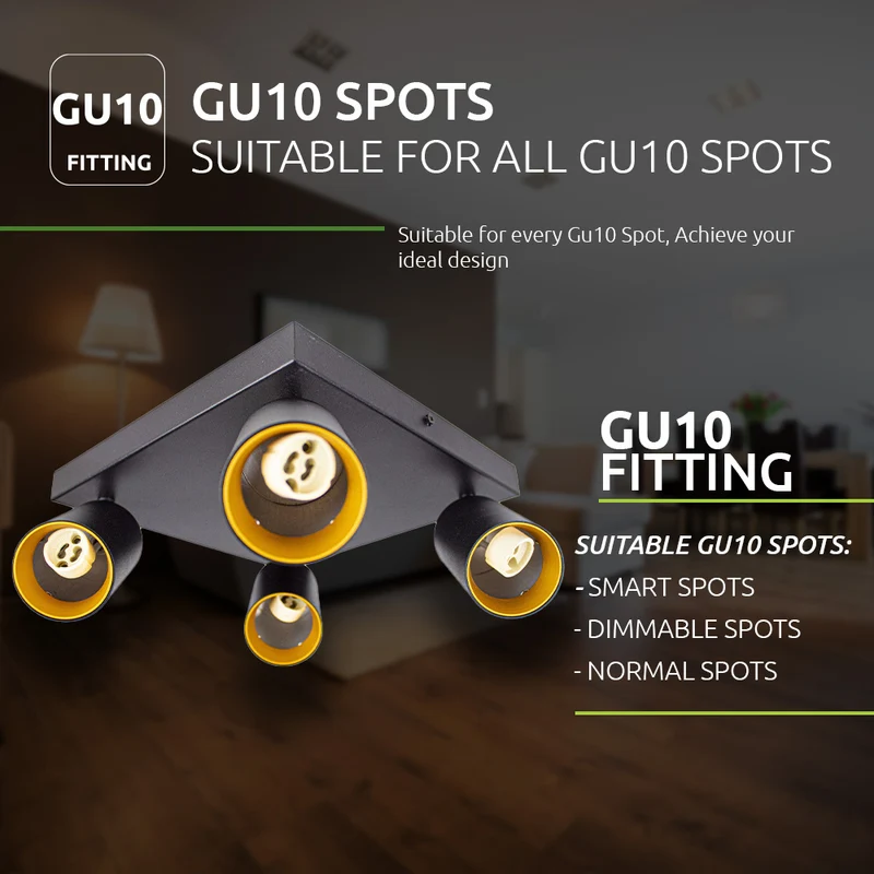 Moderner Deckenspot quadratisch | Schwarz/Gold | Bau | 4 x GU10 Strahler