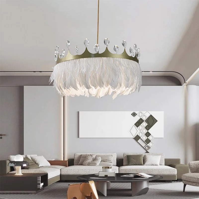 Feather Chandelier, Nordic Crystal Crown, White Shade