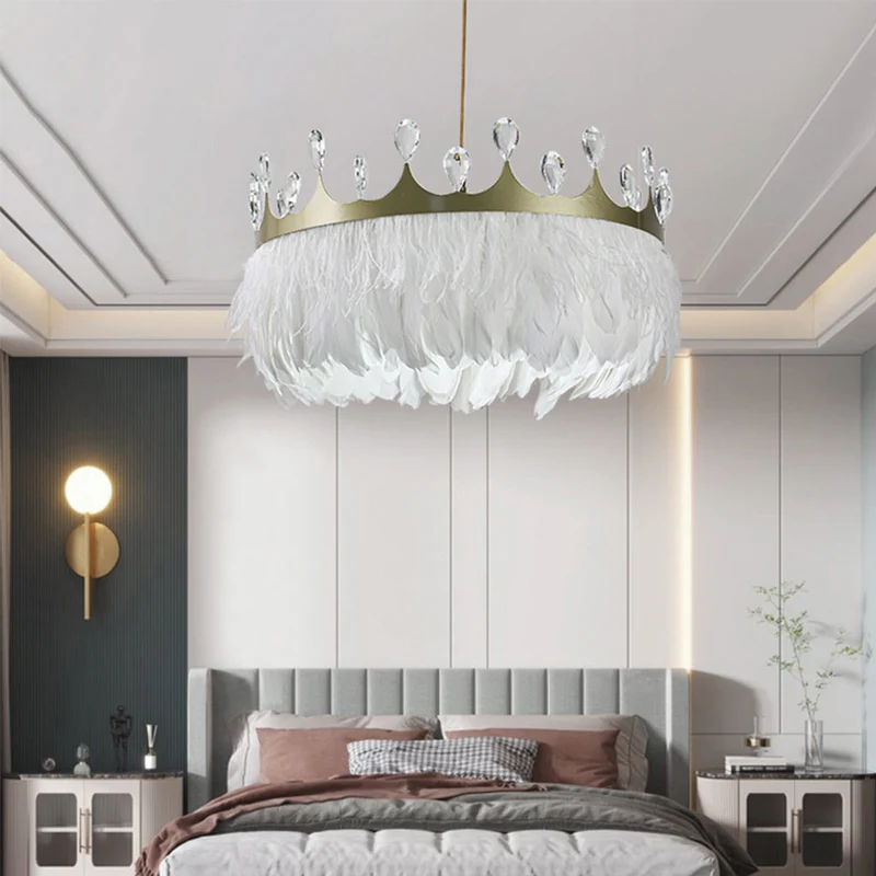 Feather Chandelier, Nordic Crystal Crown, White Shade