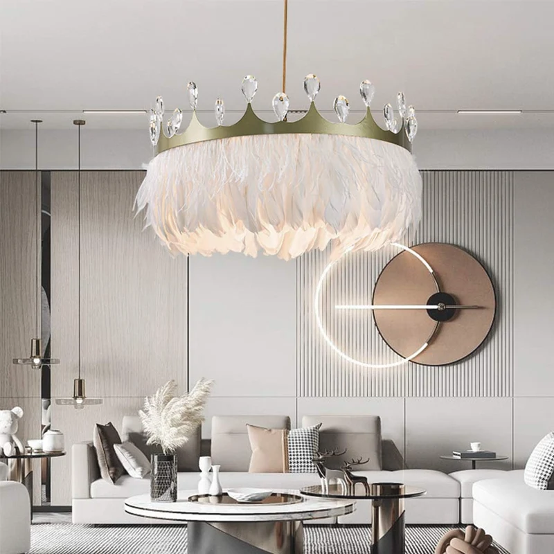 Feather Chandelier, Nordic Crystal Crown, White Shade
