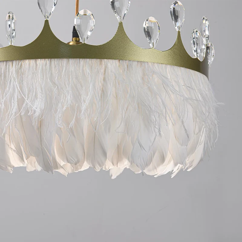 Feather Chandelier, Nordic Crystal Crown, White Shade