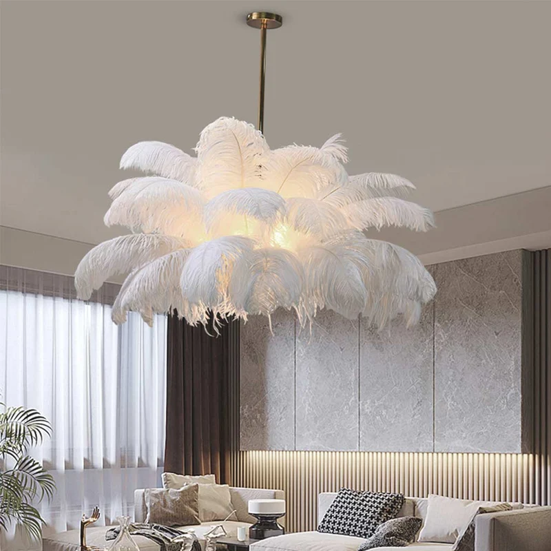 Ceiling Light Chandelier Ostrich Feather Lampshade Pendant Artistic, White
