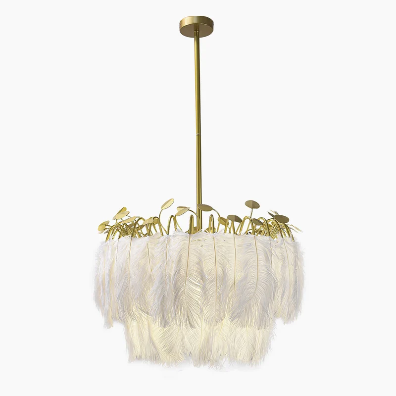 Feather Chandelier Ceiling Light Glamorous Wire Frame, White & Gold