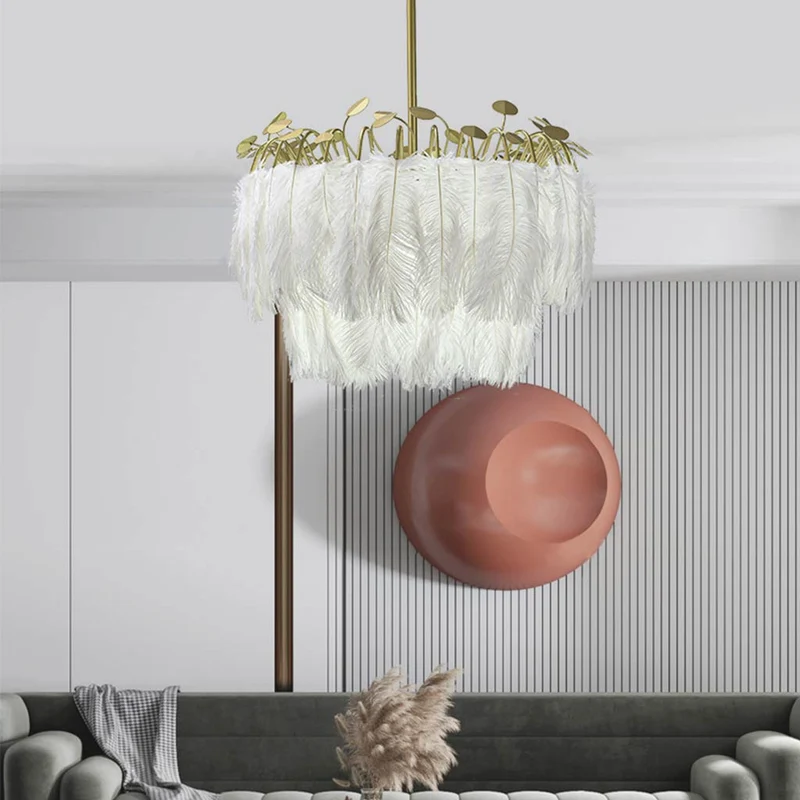 Feather Chandelier Ceiling Light Glamorous Wire Frame, White & Gold