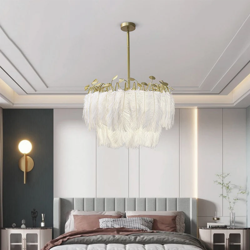Feather Chandelier Ceiling Light Glamorous Wire Frame, White & Gold