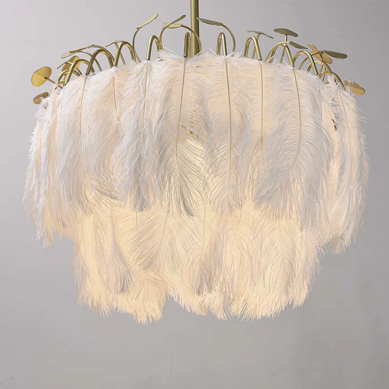 Feather Chandelier Ceiling Light Glamorous Wire Frame, White & Gold