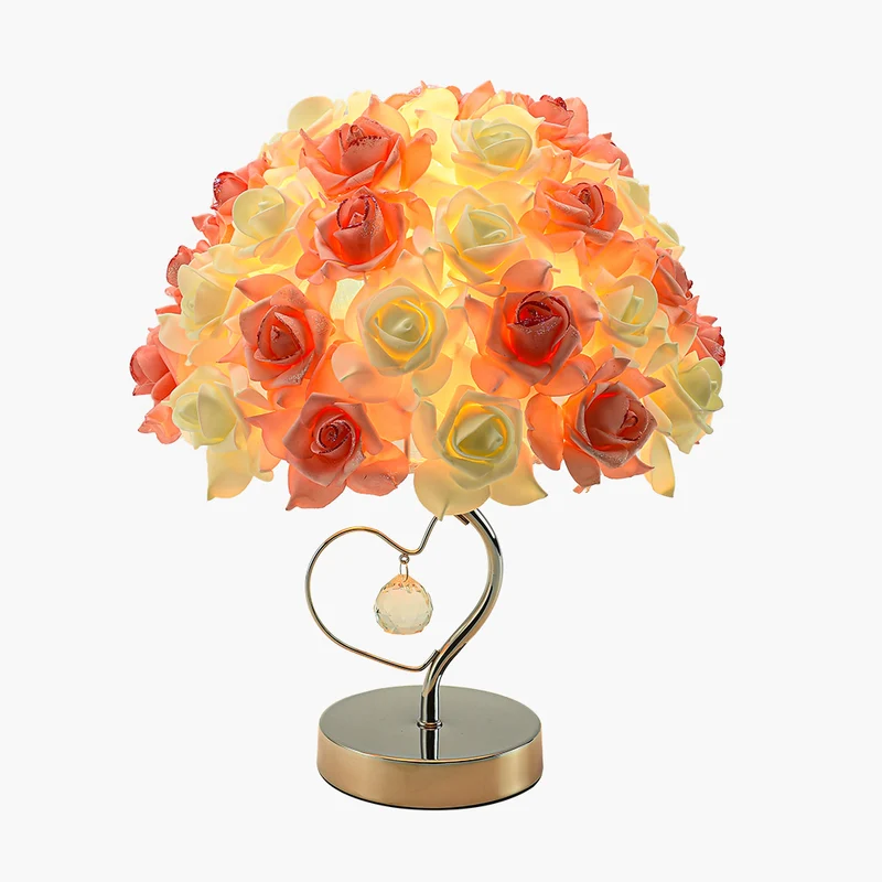 Table Lamp Artistic Rose Floral Crystal Heart, White & Pink