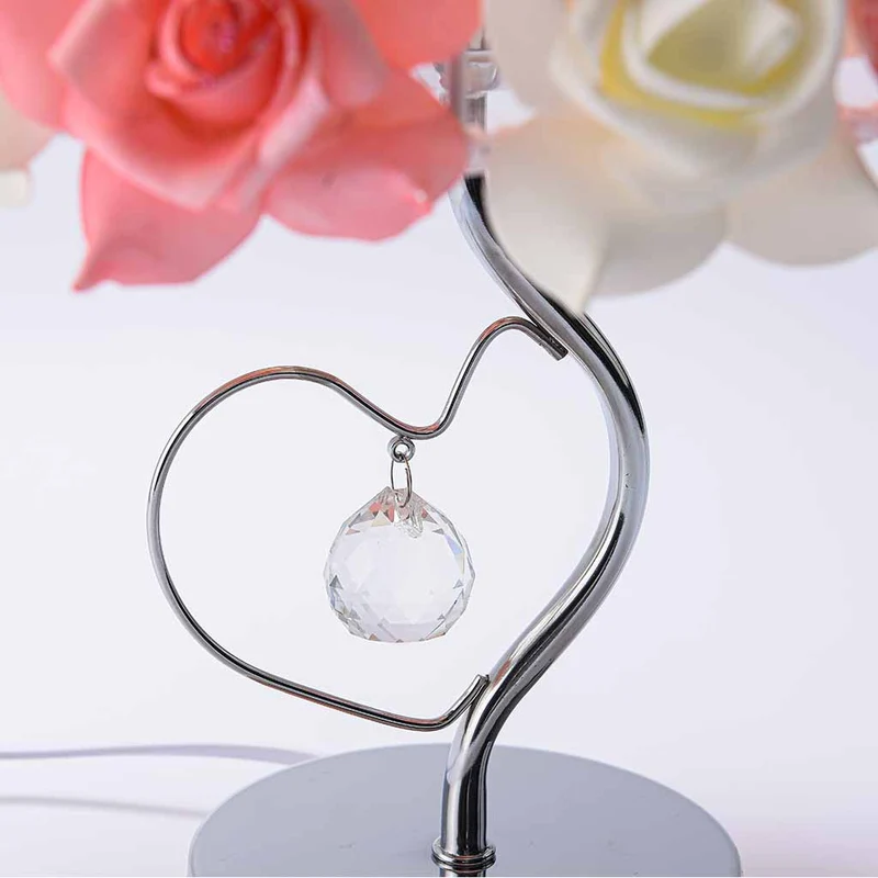 Table Lamp Artistic Rose Floral Crystal Heart, White & Pink