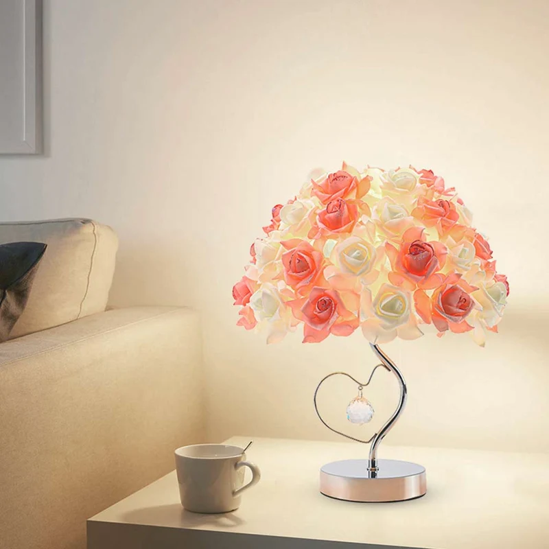 Table Lamp Artistic Rose Floral Crystal Heart, White & Pink