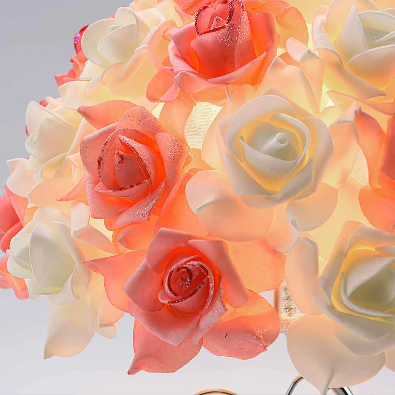 Table Lamp Artistic Rose Floral Crystal Heart, White & Pink