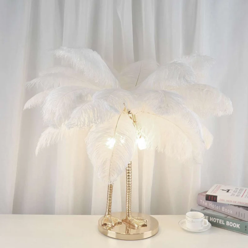 Table Lamp Ostrich Feather Unique Bird Feet, White