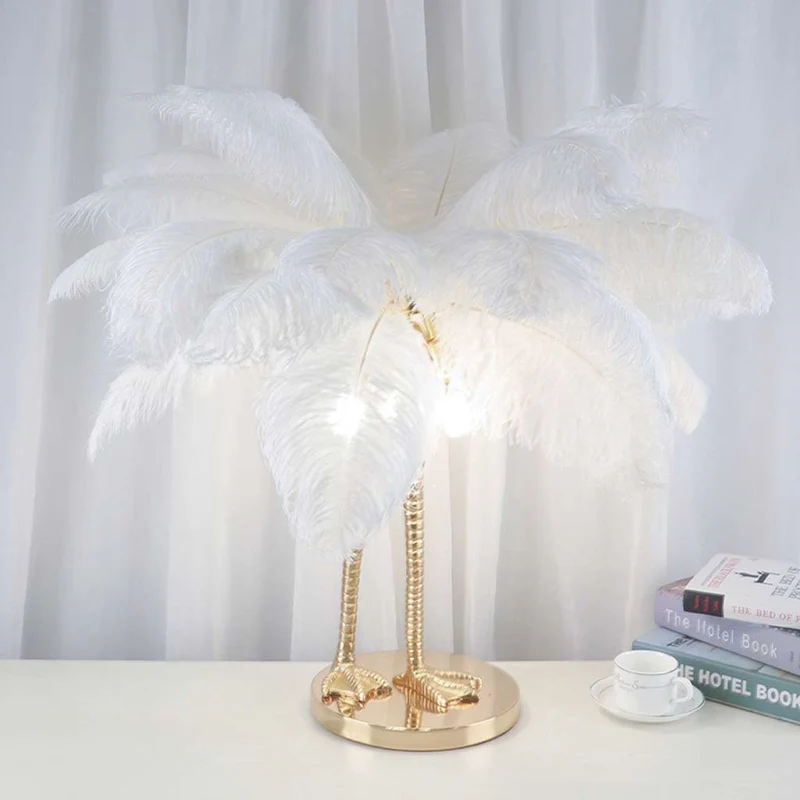 Table Lamp Ostrich Feather Unique Bird Feet, White