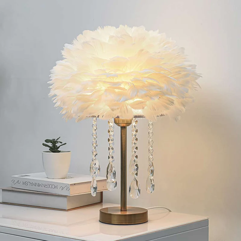 Feather Table Lamp with Romantic Crystal Tassels, 3 Colors