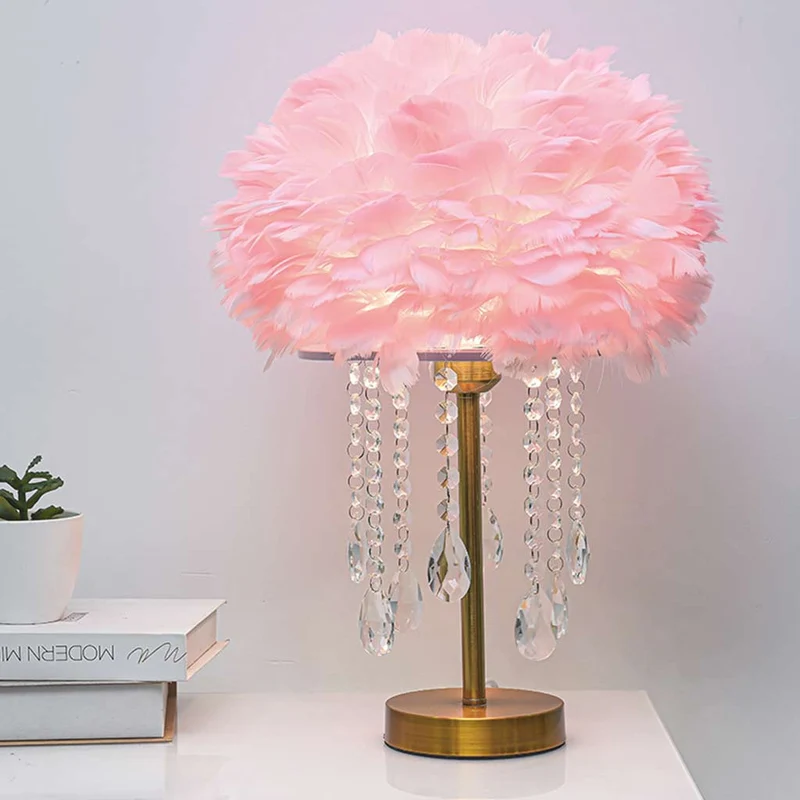 Feather Table Lamp with Romantic Crystal Tassels, 3 Colors