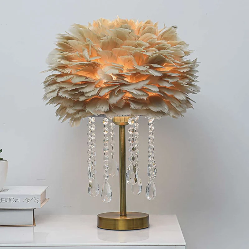 Feather Table Lamp with Romantic Crystal Tassels, 3 Colors