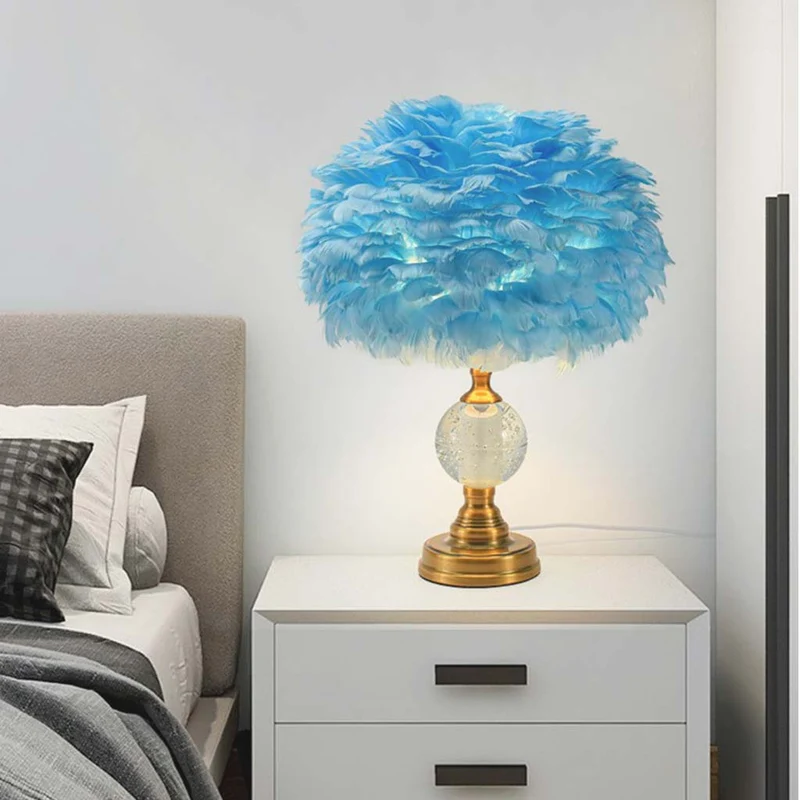 Feather Table Lamp Romantic Crystal Globe with Brass Lamp Base