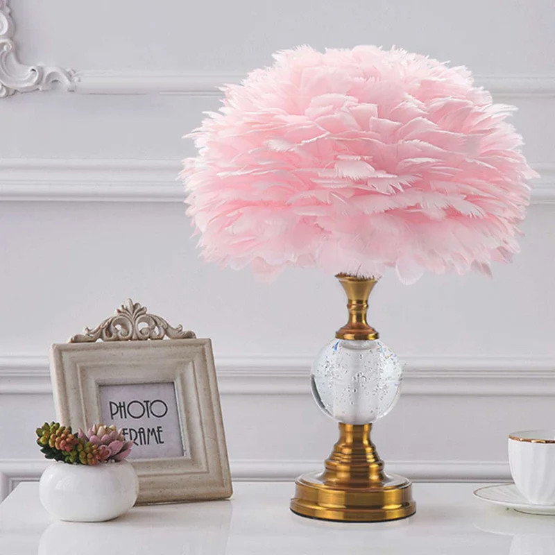 Feather Table Lamp Romantic Crystal Globe with Brass Lamp Base