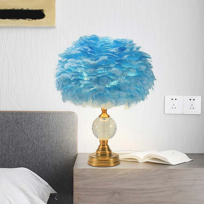 Feather Table Lamp Romantic Crystal Globe with Brass Lamp Base