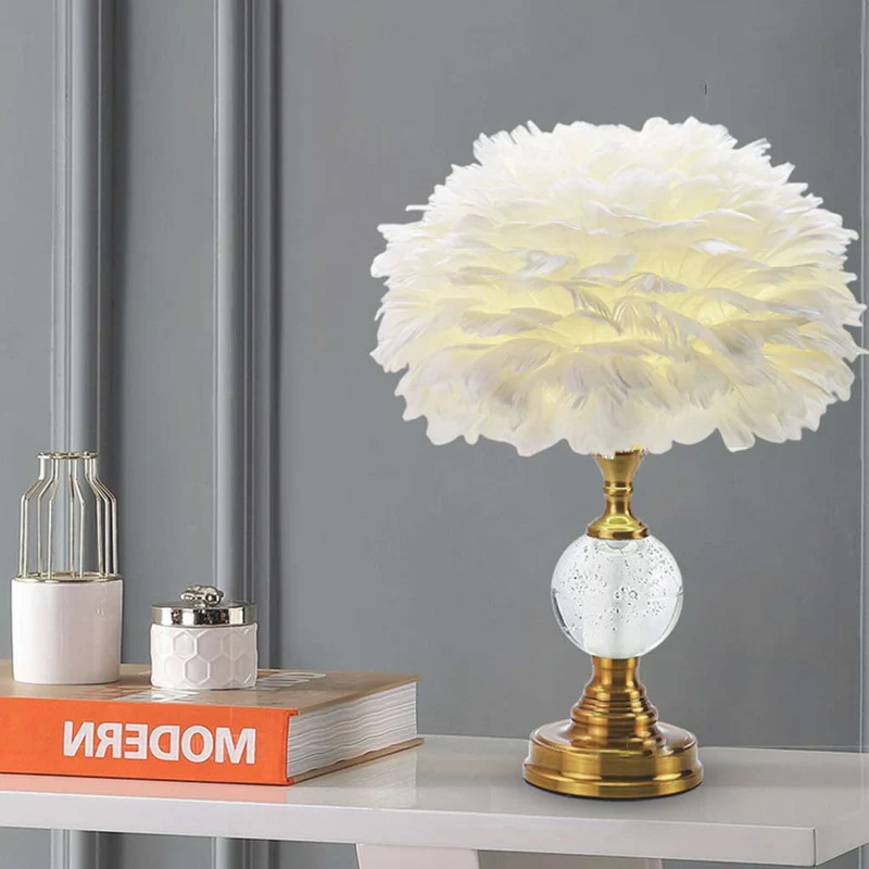 Feather Table Lamp Romantic Crystal Globe with Brass Lamp Base