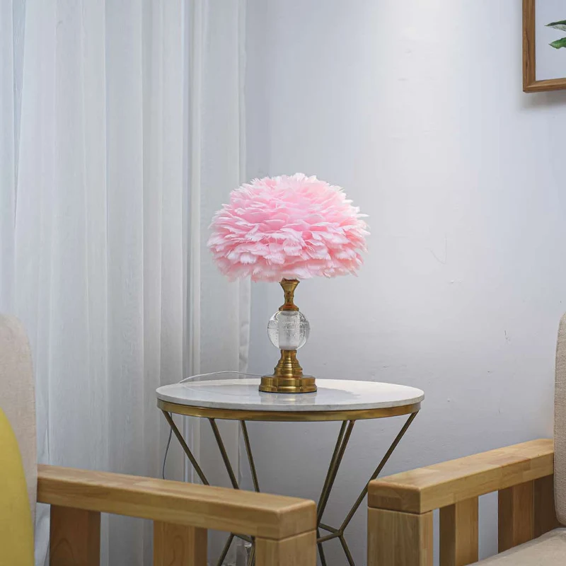 Feather Table Lamp Romantic Crystal Globe with Brass Lamp Base