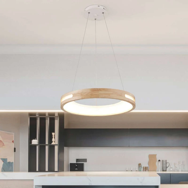 Pendant Chandelier Modern Wood Acrylic Ring, Log Color