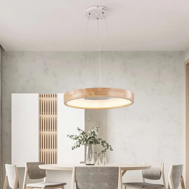 Pendant Chandelier Modern Wood Acrylic Ring, Log Color