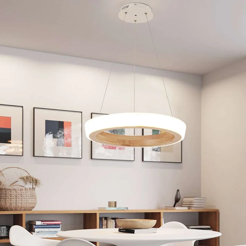 Pendant Chandelier Modern Wood Acrylic Ring, Log Color