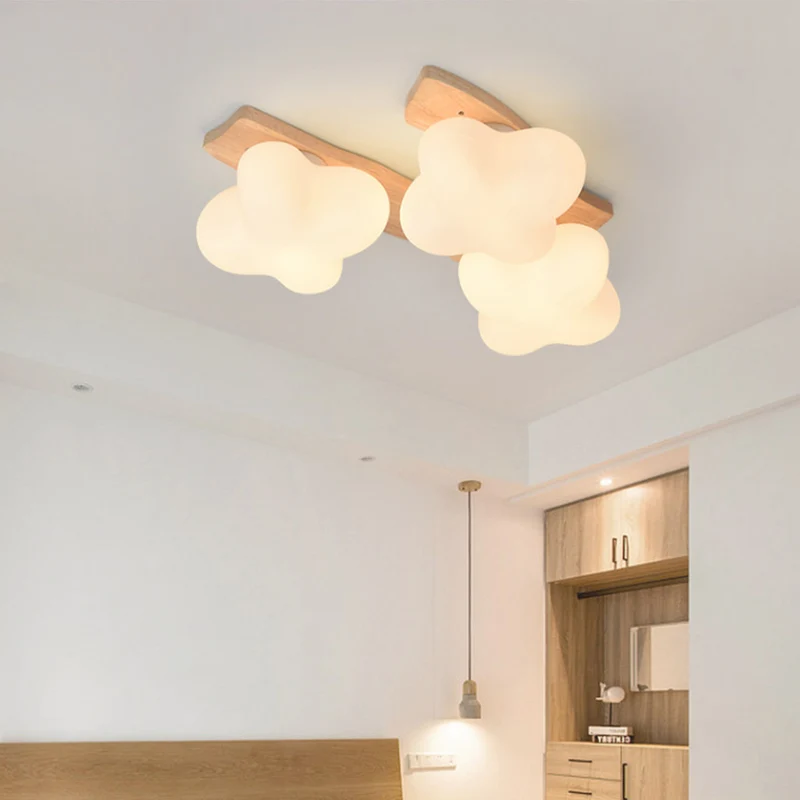Flush Mount Ceiling Light Cream Wooden Glass Blossom