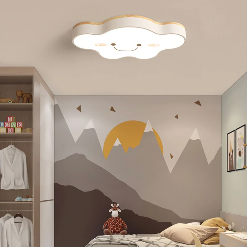 Flush Mount Ceiling Light Macaron Smile Cloud for Kids Girls Room, Wood Iron