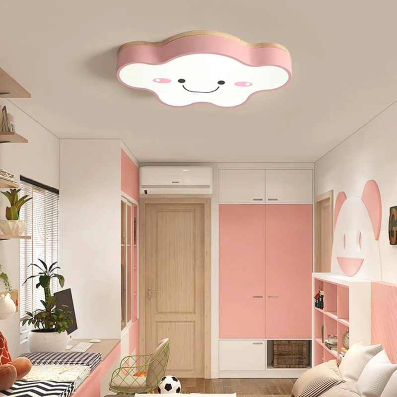 Flush Mount Ceiling Light Macaron Smile Cloud for Kids Girls Room, Wood Iron