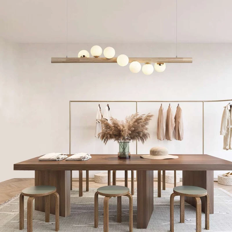 Wood Pendant Ceiling Light Novelty Glass Linear Globe for Dining Room